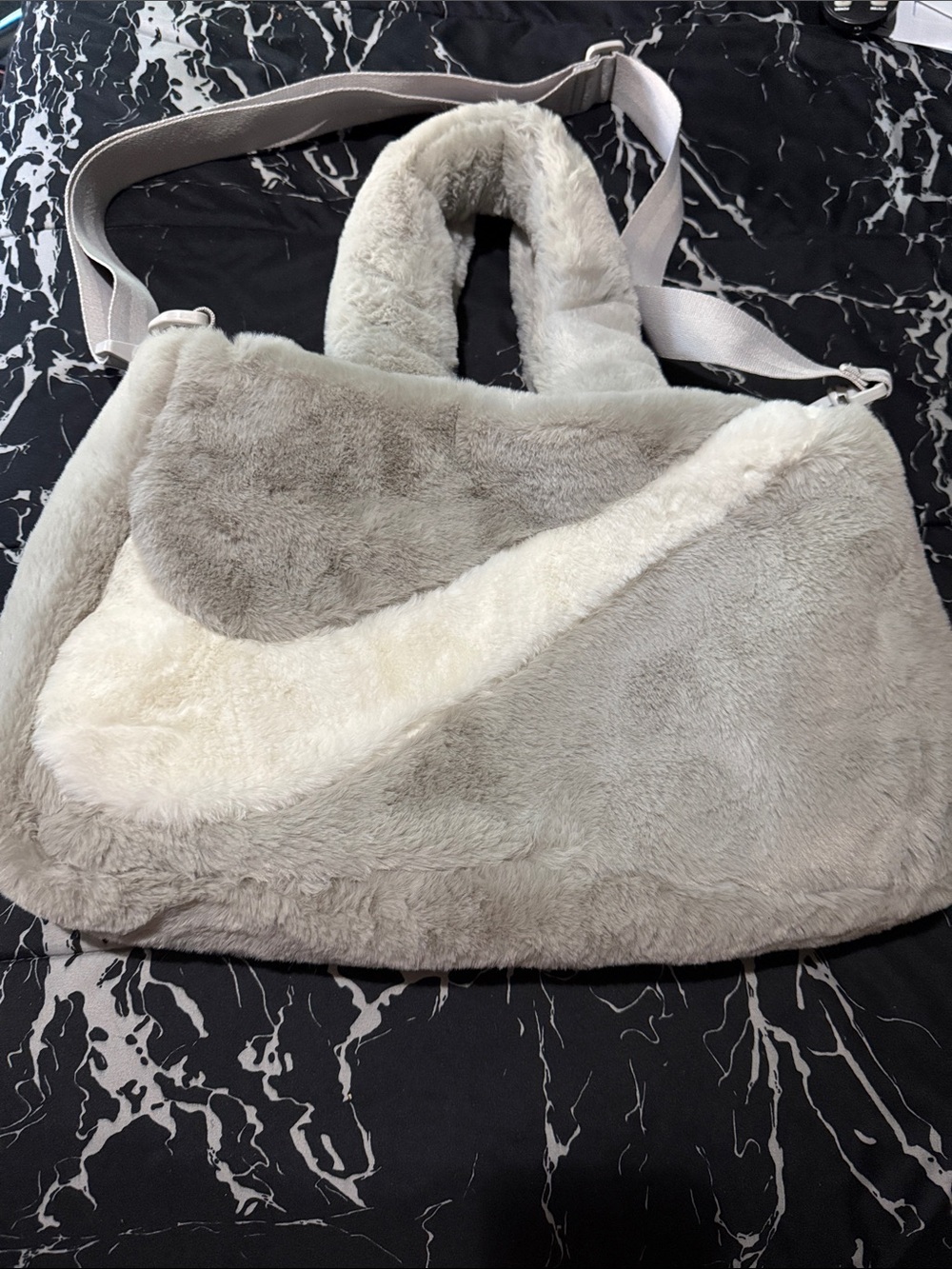 Faux Fur Tote Bag in Light Gray and Cream Nike
